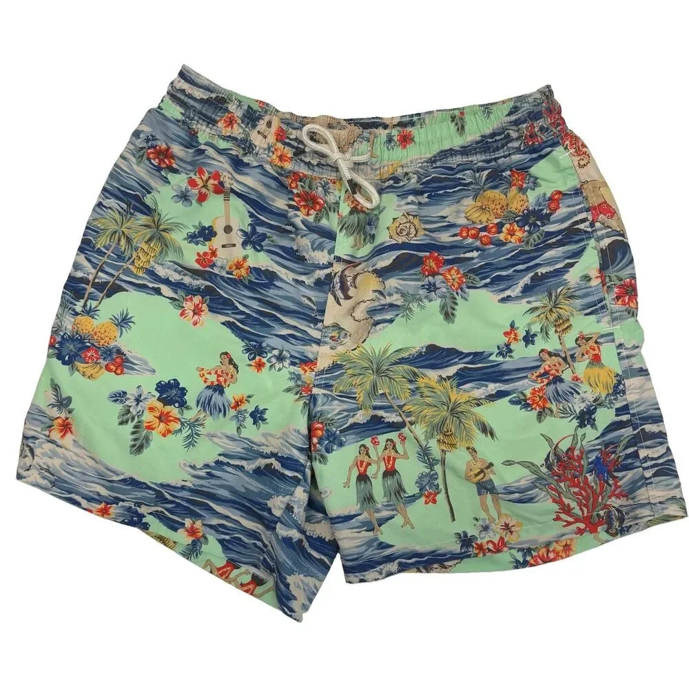 Polo Ralph Lauren Swim Trunks Sz M Green Hawaiian Floral Hulu Girl Preppy Beach